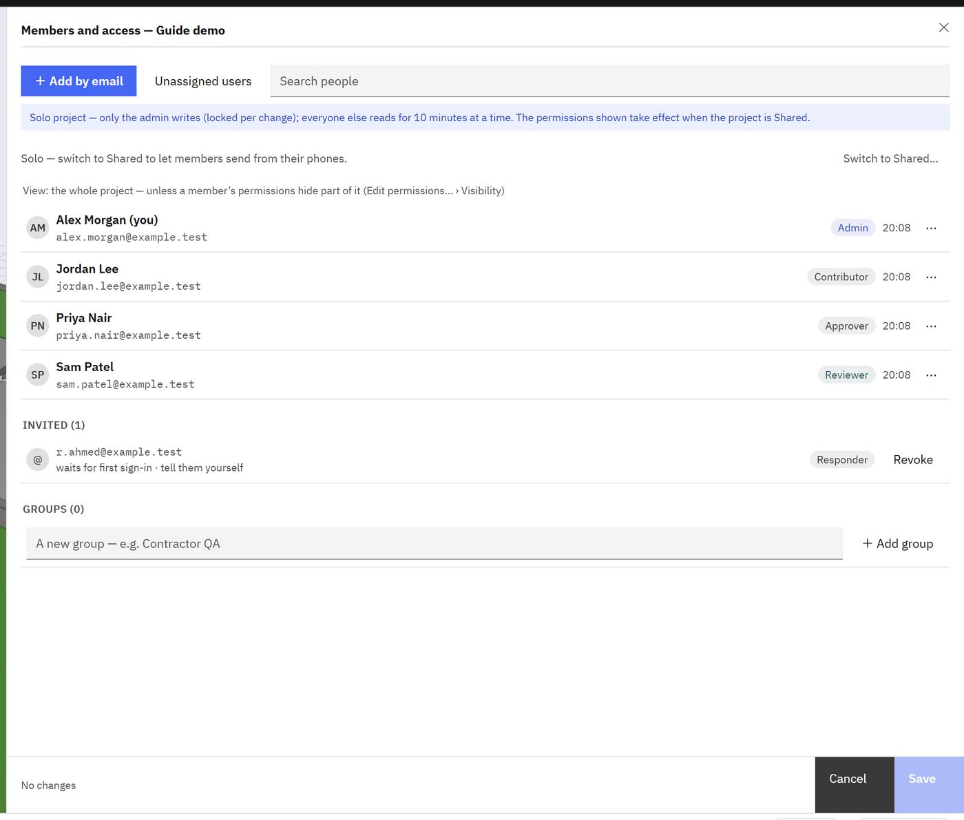 Members and access for a cloud project: sample members with their roles and what each can do.