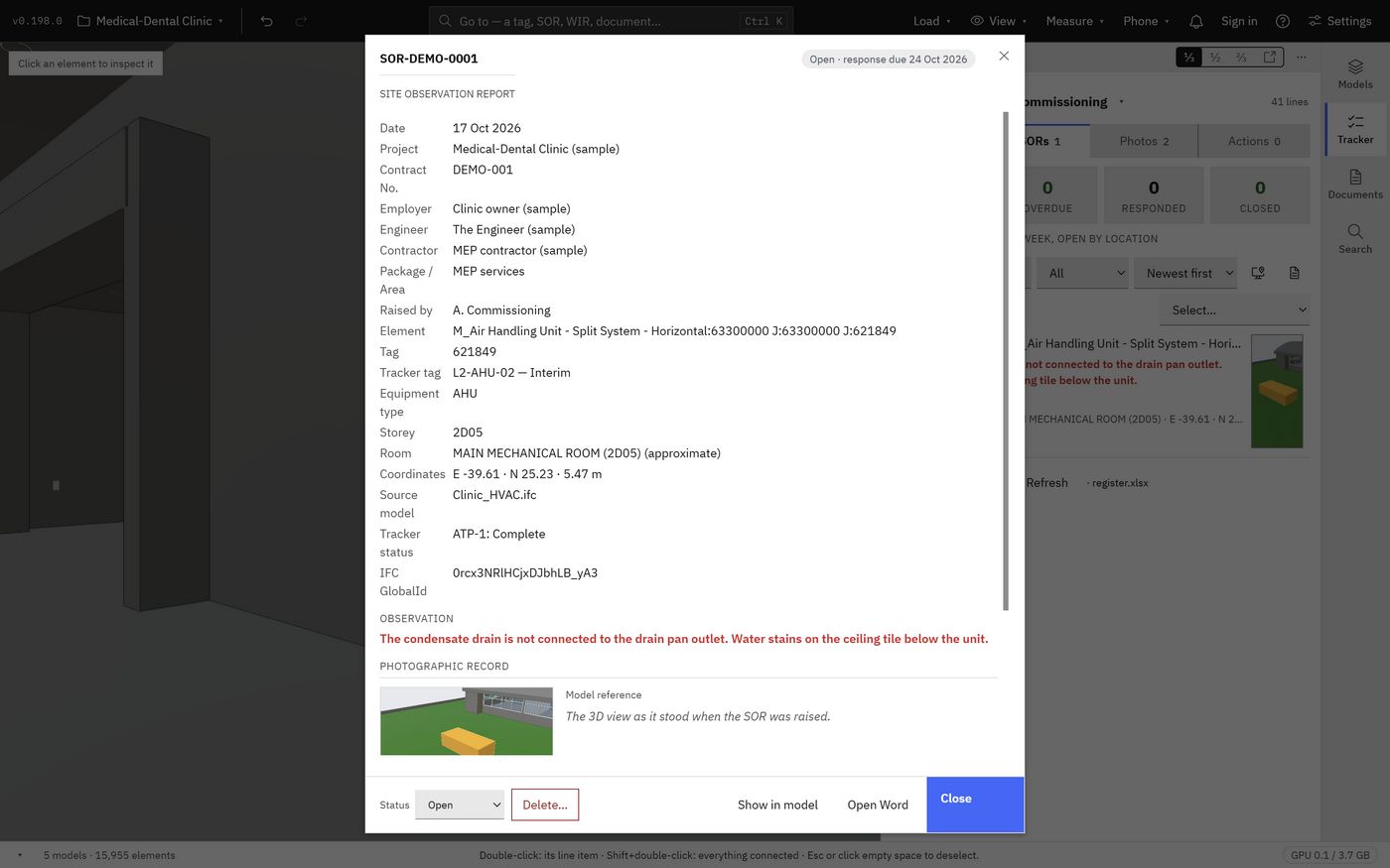 A site observation report: its number, project, contract and parties, the element, tag, storey, room and coordinates taken from the model, the observation, and the model view as it stood when the report was raised.