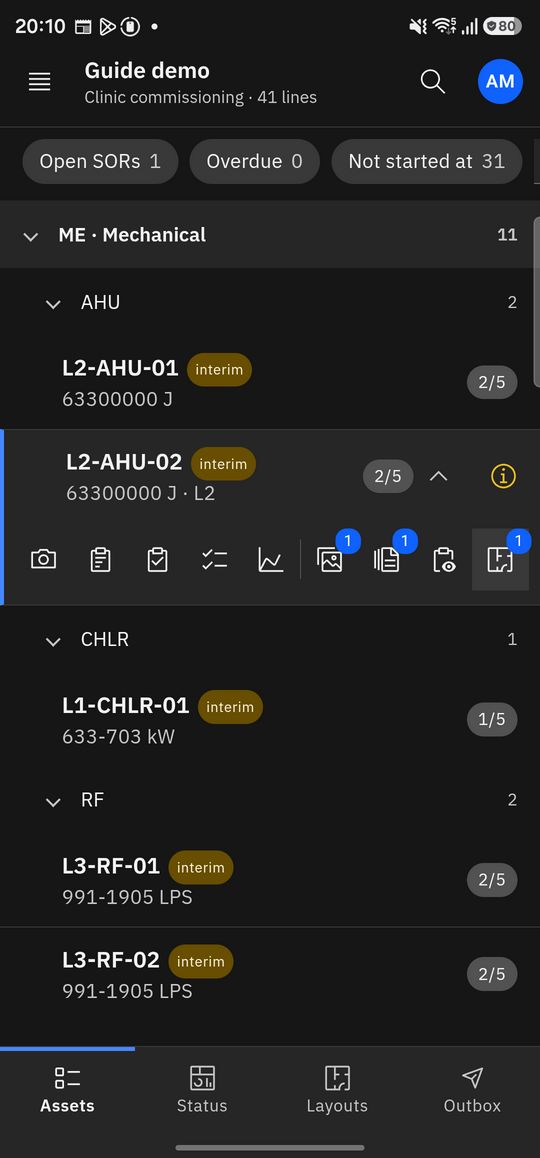 The phone's list of line items grouped by discipline and type, one line open with its row of icons: camera, checklist, SOR, actions, status, photographs and drawings.